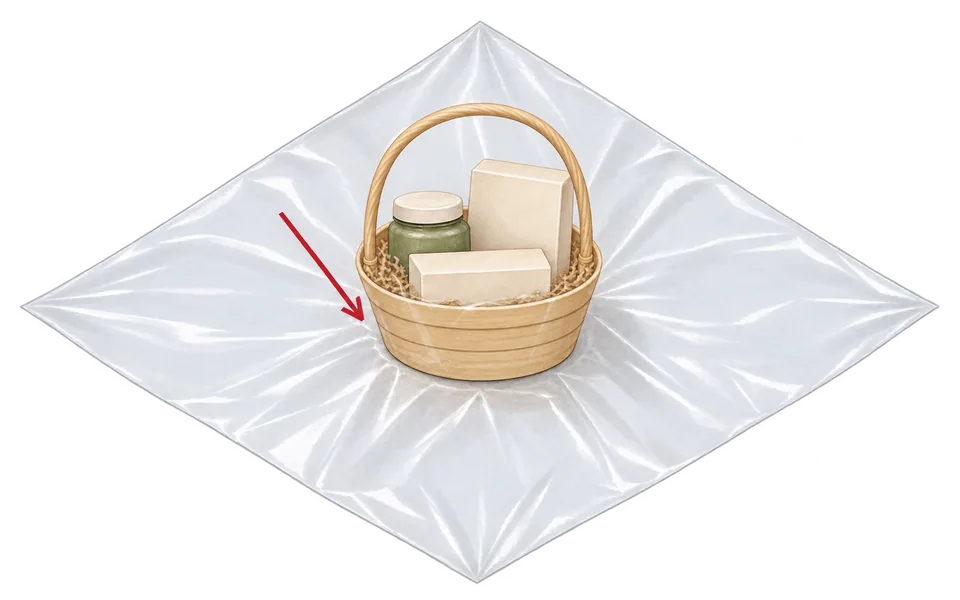 Center the basket on the clear sheet.