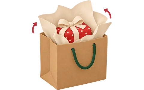 A gift in tissue lowered into a bag lined with more tissue.