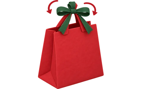 A gift bag with ribbon threaded through both handles and tied in a bow on top.