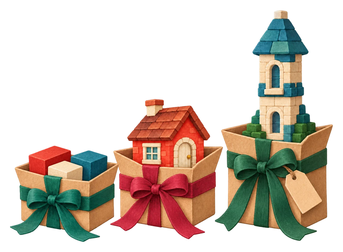 Three brick builds side by side: a small stack of big bricks, a house and a tall tower.