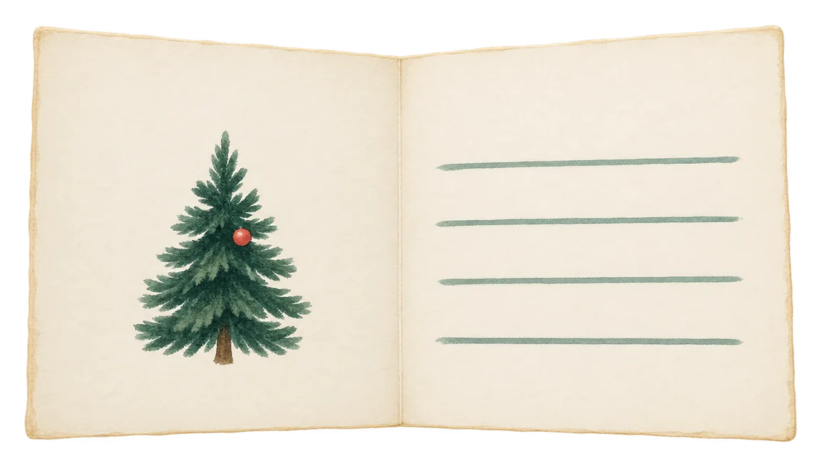 An open Christmas card with a small tree on the left page and 4 blank lines on the right.