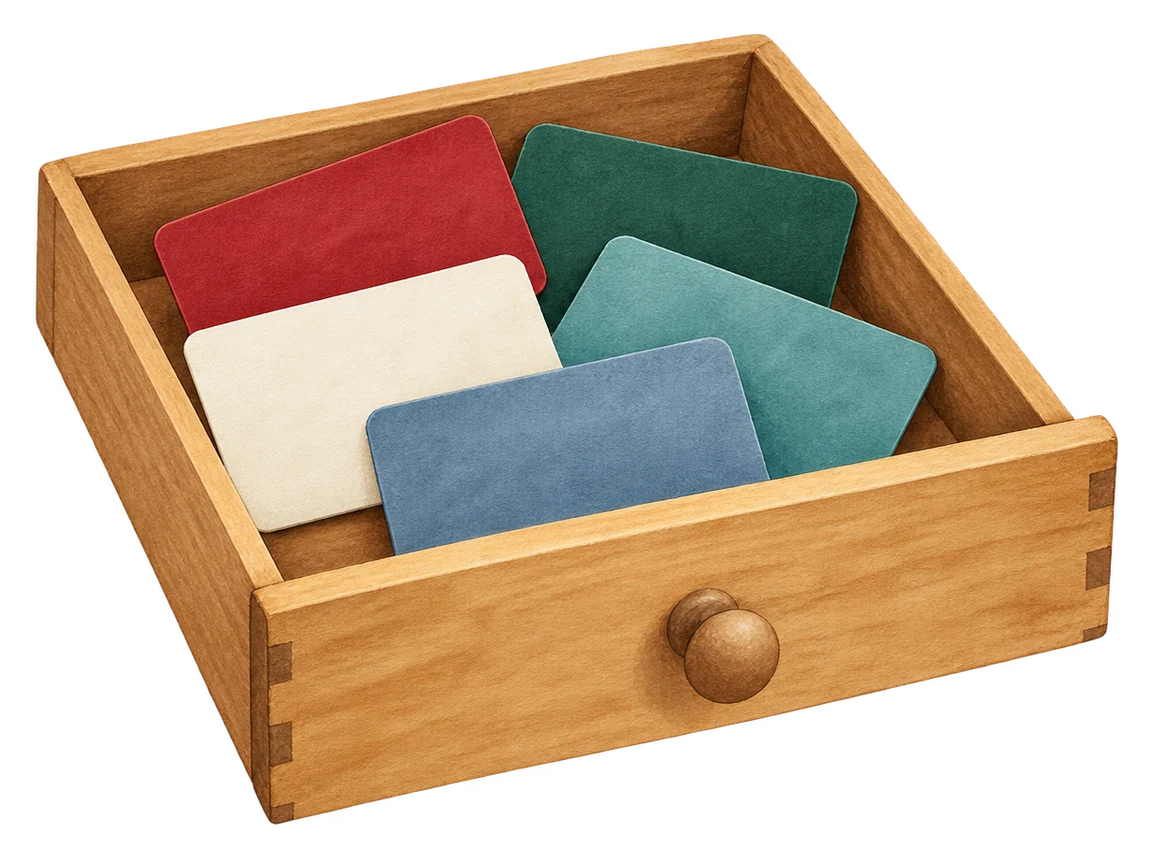 A half-open wooden drawer holding five blank gift cards.