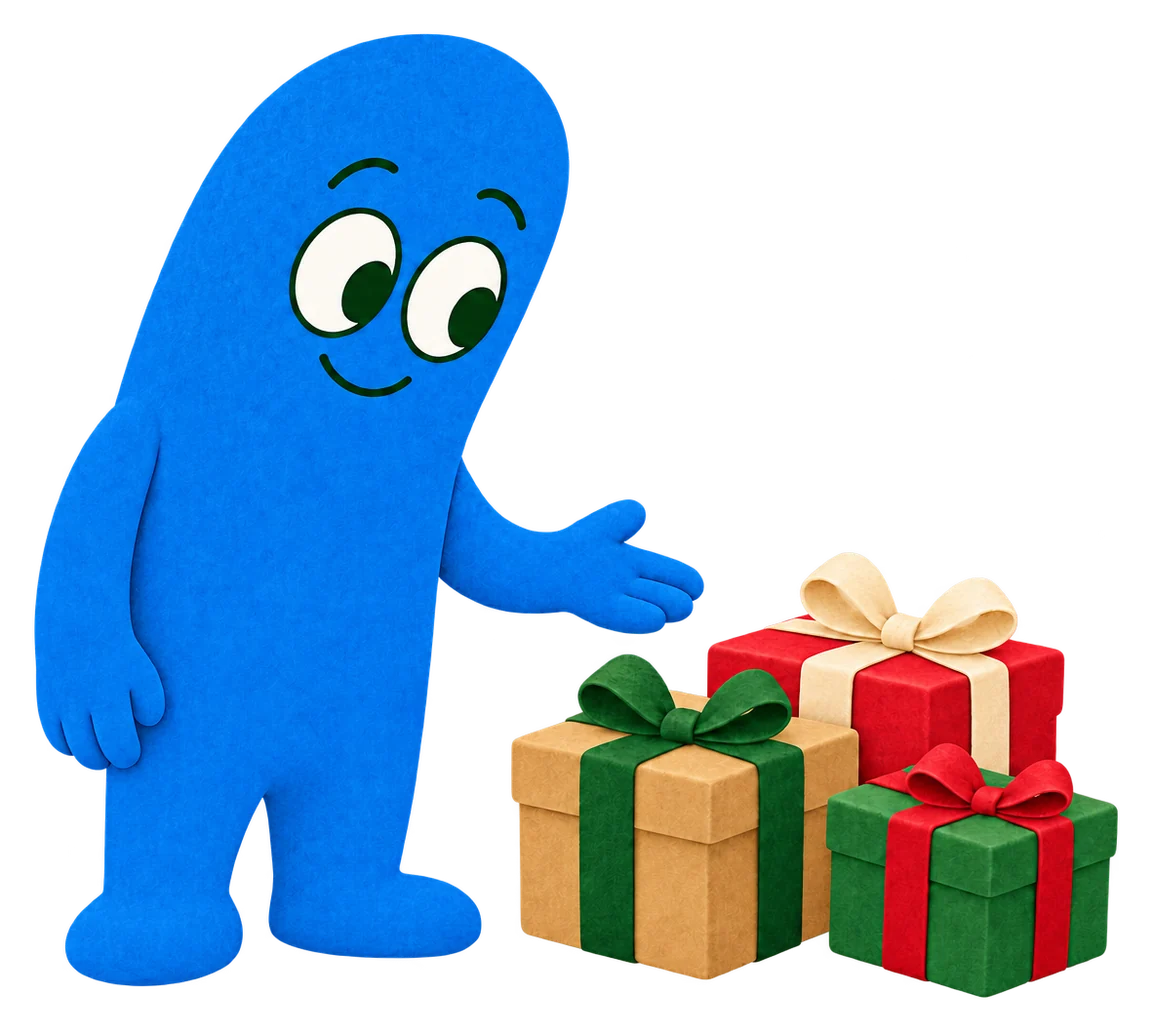 A player with empty hands points at a small pile of wrapped gifts, choosing which one to take next.