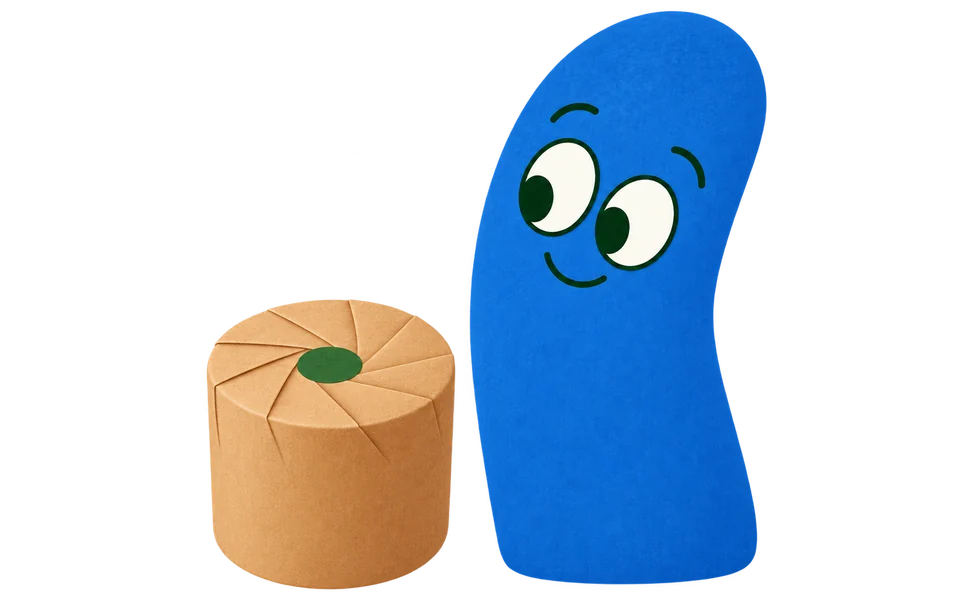 A blue character looks down at a short kraft-wrapped tube whose pleated top is closed with a green sticker.