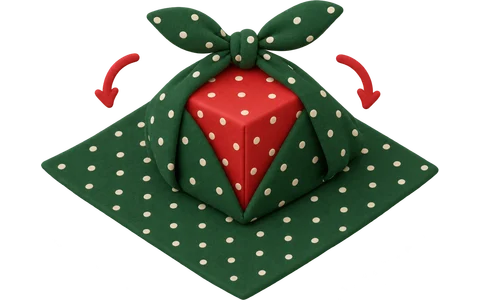 A box on a diamond of cloth, arrows folding the corners in, and a finished cloth bundle tied on top.