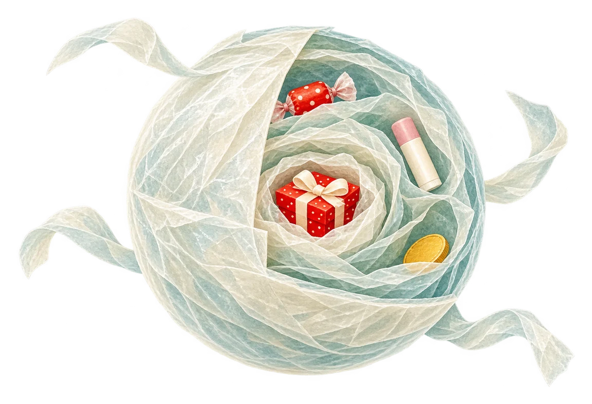 A cut-away ball of plastic wrap with a small box in the center and little prizes spread through the layers around it.