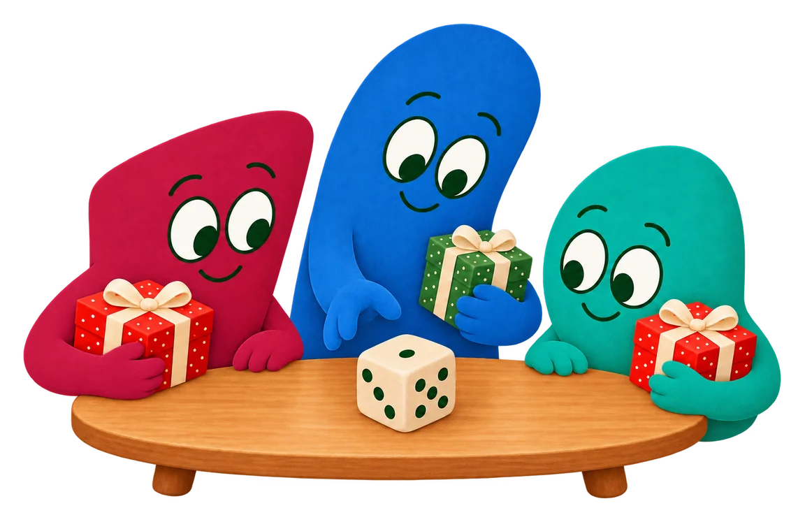 Six wrapped gifts in a ring with a die in the middle and curved arrows showing gifts passing left and right.
