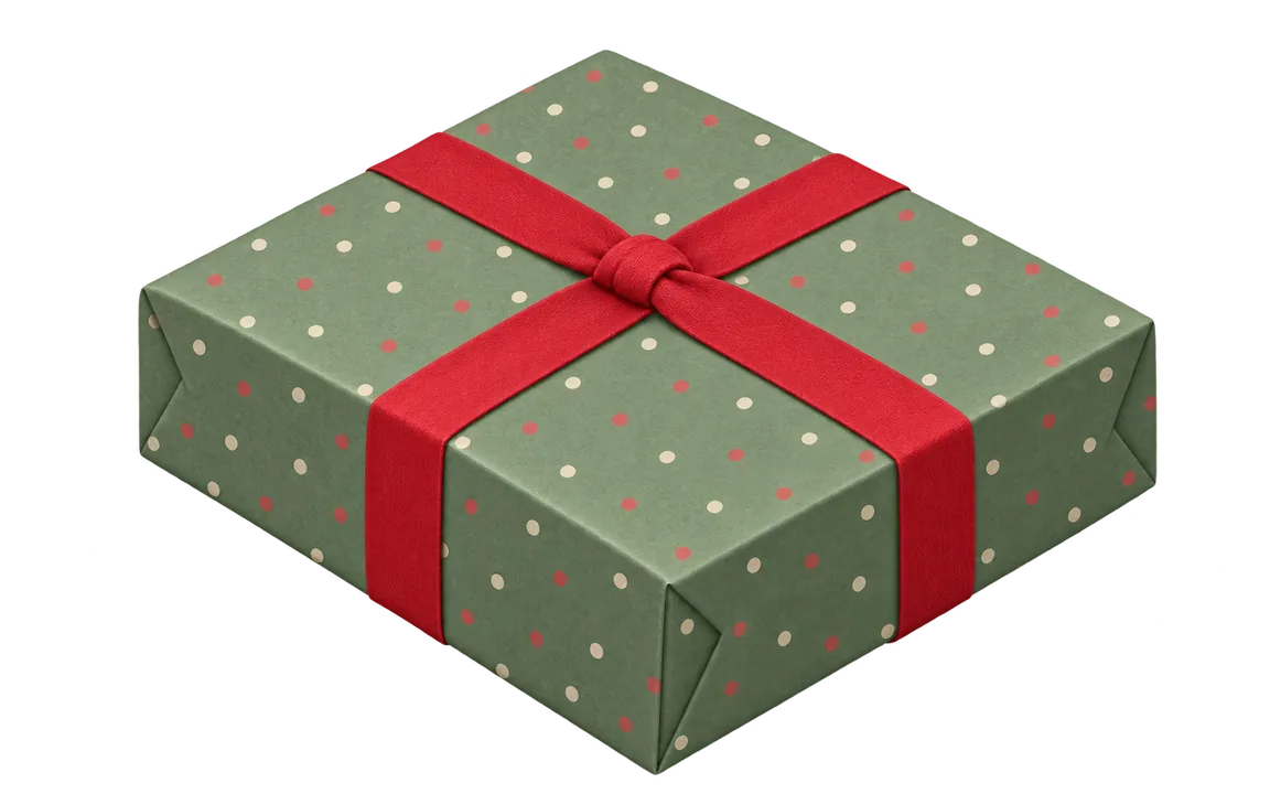 A wrapped box with two crossing bands of ribbon and a knot at the center.