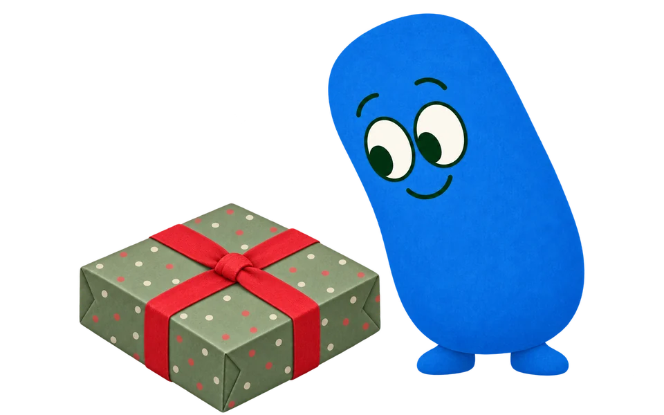 A blue character looks down at a box in green spotted paper tied with a red ribbon crossed both ways.