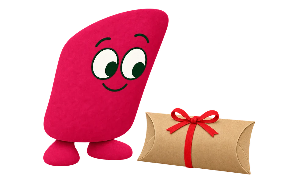 A pink character looks down at a small kraft pillow box tied with a red ribbon bow.