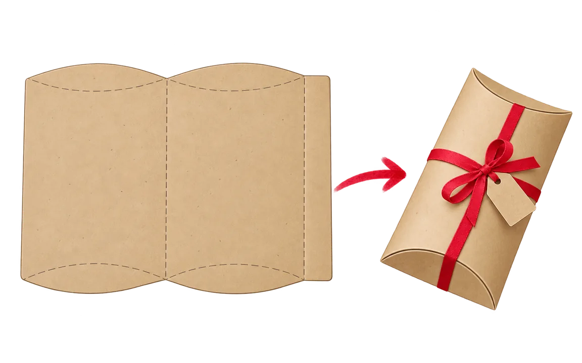 A sheet of card with two dashed fold lines, a narrow flap and eye-shaped arcs at each end, then an arrow to a finished pillow shaped box tied with a ribbon and a tag.
