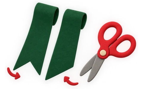 Three ribbon tails: one folded in half with a slanted cut line, one opened into a V notch, and one cut at a slant.