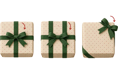 3 boxes seen from above: ribbon in a cross, in an H pattern with 2 bands, and around one corner.