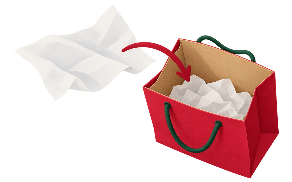 A folded sheet of tissue going into a gift bag, with crumpled tissue already lining the bottom.