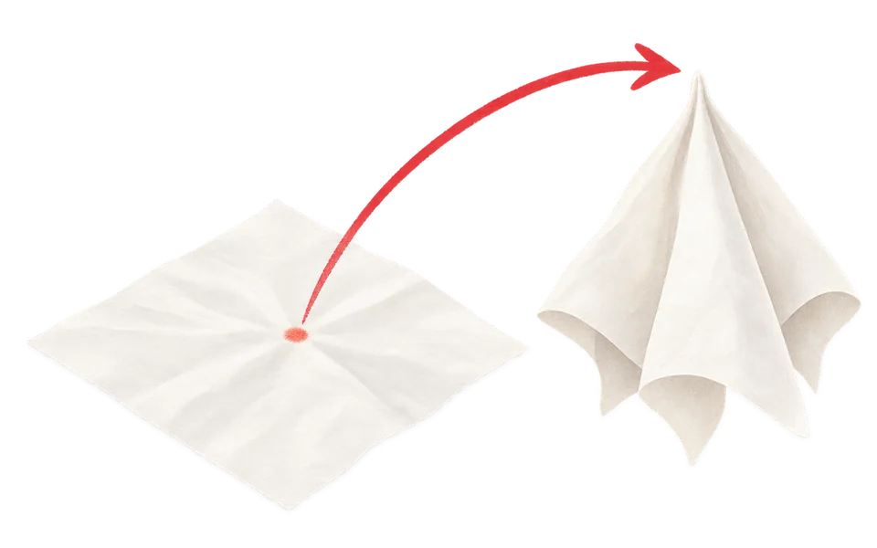 A flat sheet of tissue pinched in the center and lifted, so the corners hang down in soft folds.
