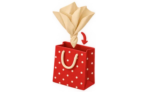 The pinched tissue twisted at the point and pushed point down into the bag, its corners fanned out next to two finished fans.