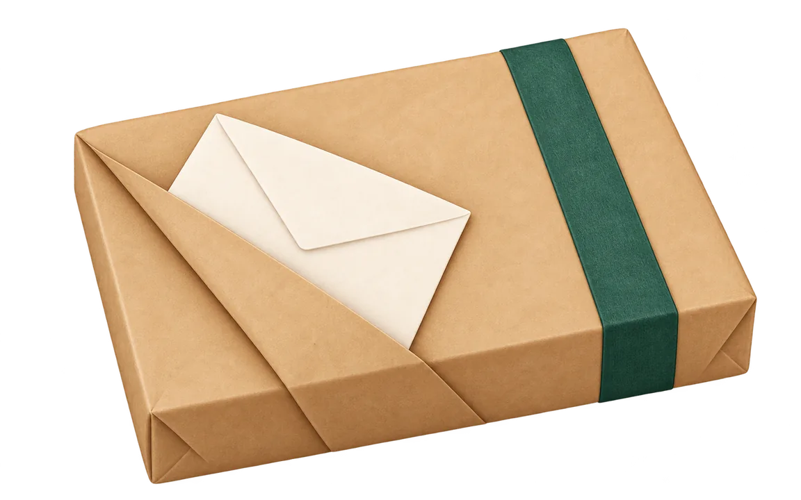 Ein Umschlag wird hinter eine schräge Papierfalte auf einer verpackten Schachtel geschoben.
