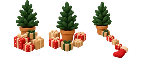 Three panels seen from above: gifts piled under a tree, gifts in a ring around a tree, and small gifts leading to a stocking.