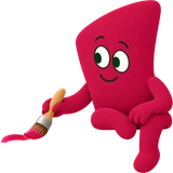 A red helper sits on the line painting with a brush