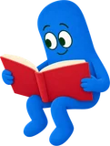 Un aiutante blu seduto sulla linea legge un libro rosso