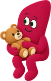 A red helper sits on the line hugging a teddy bear