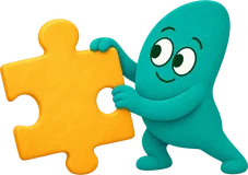 A teal helper fits a big yellow jigsaw piece
