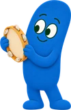 Un aiutante blu guarda il tamburello che sta scuotendo