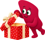 A red helper lifts the lid of a spotted gift box