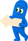A blue helper carries a big arrow pointing to the start