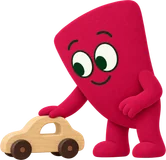 Czerwony pomocnik pcha drewniany samochodzik po linii