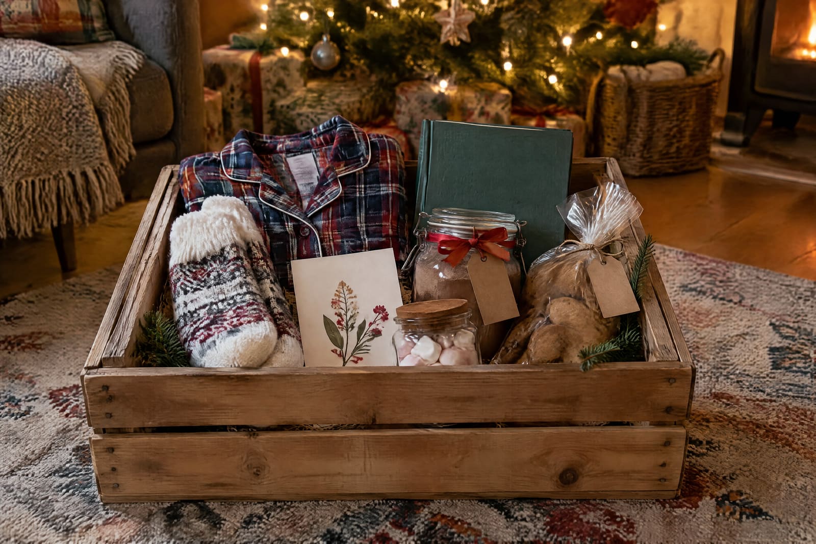 A wooden crate with plaid pyjamas, socks, a book, cocoa and cookies before a Christmas tree