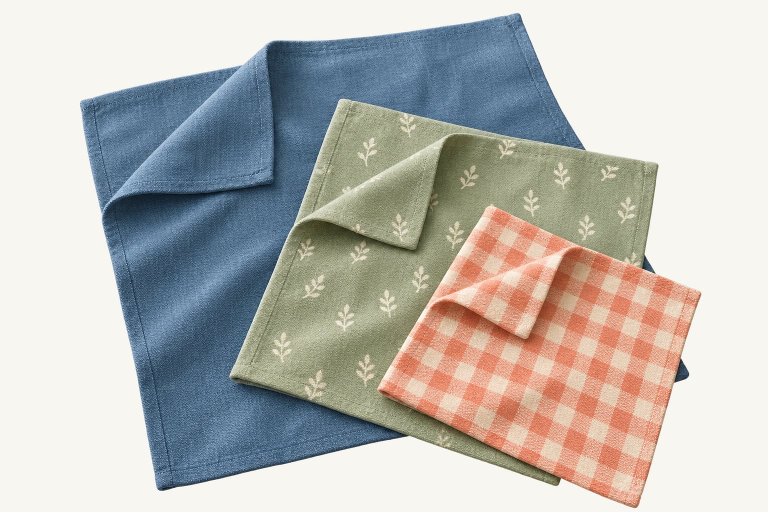 3 cloths in blue, green leaf print and coral gingham, laid out in different sizes