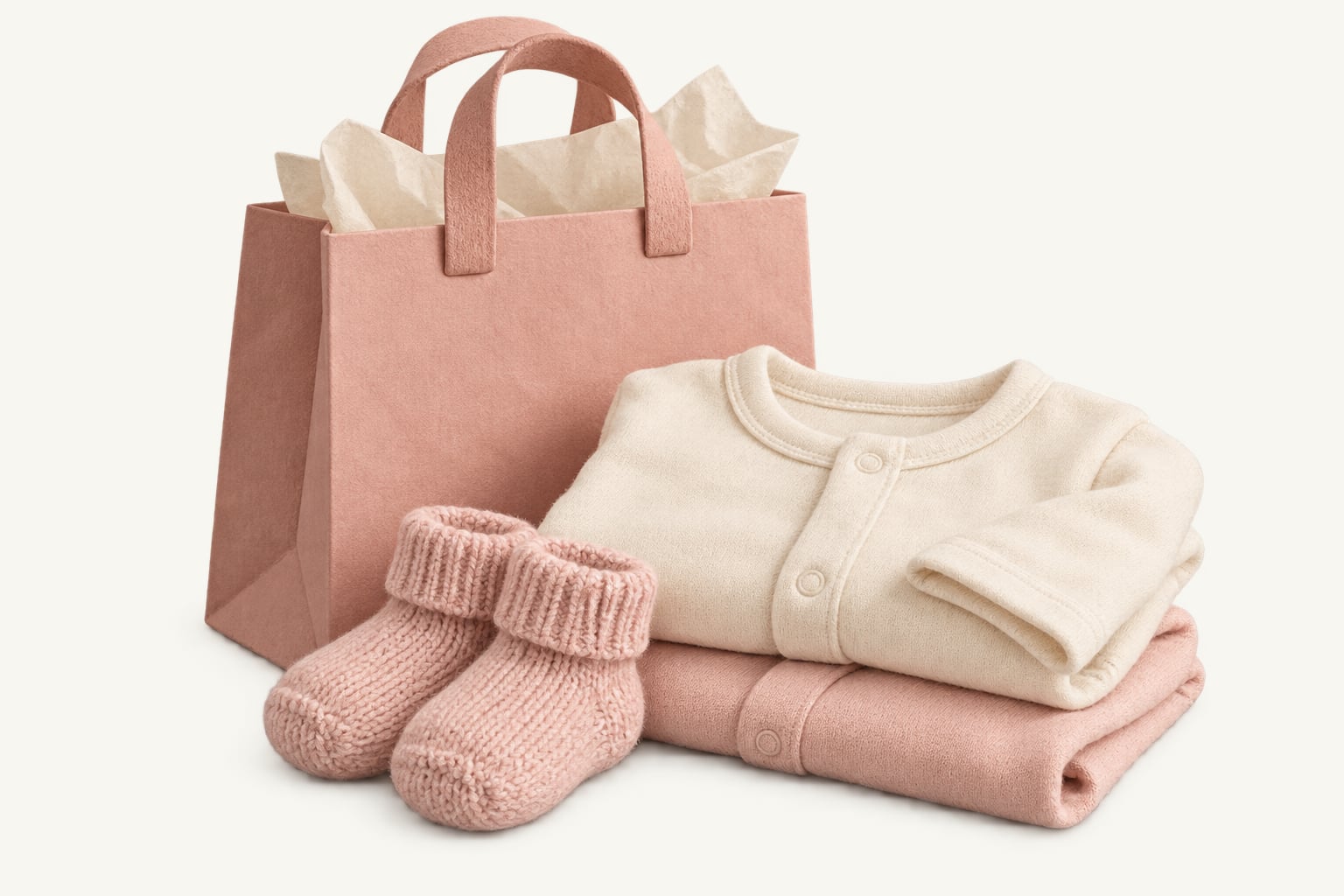 Cream and pink baby clothes and knitted booties beside a pink gift bag with tissue