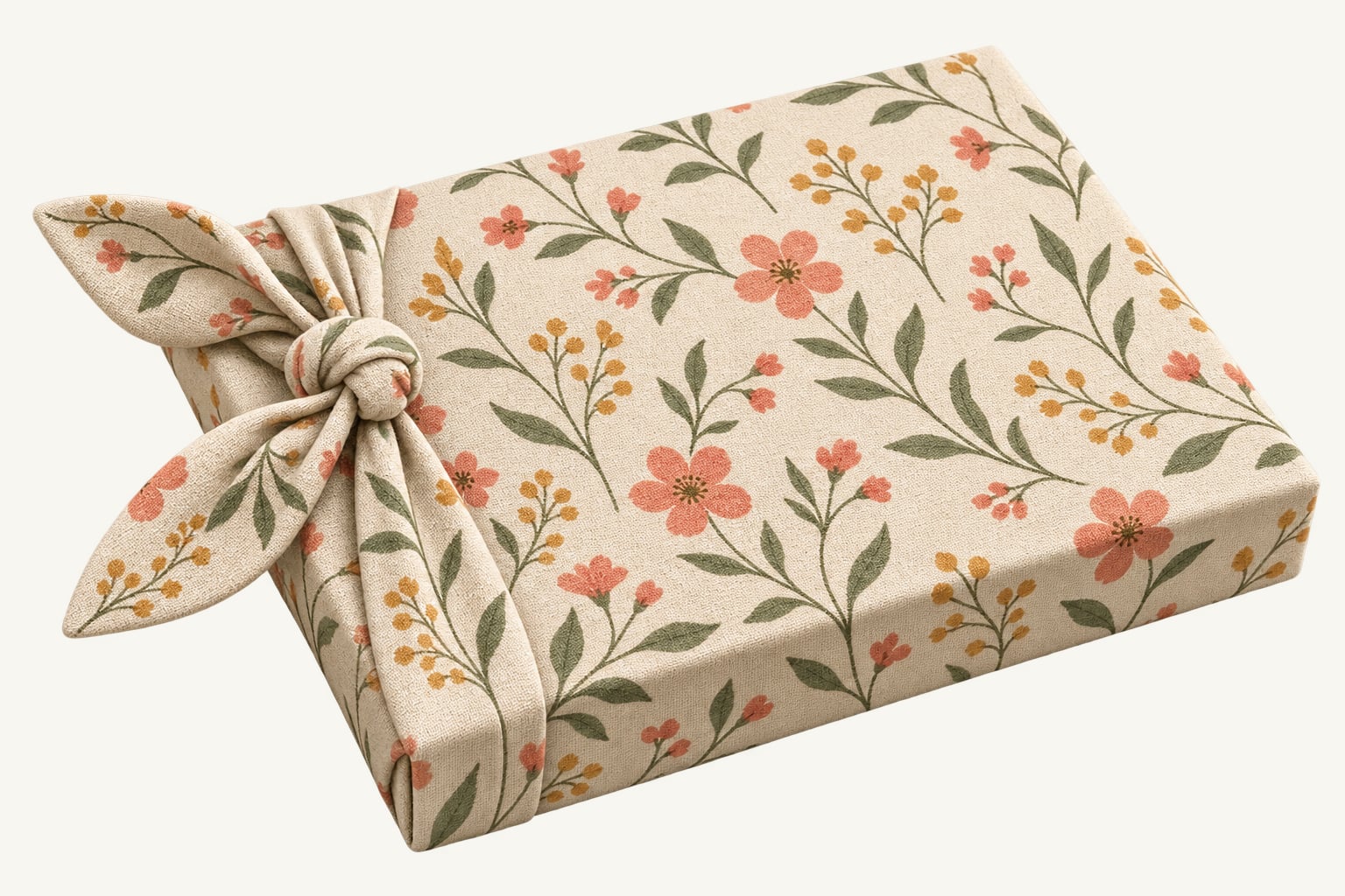 A flat gift wrapped in floral cloth with a knot at one corner