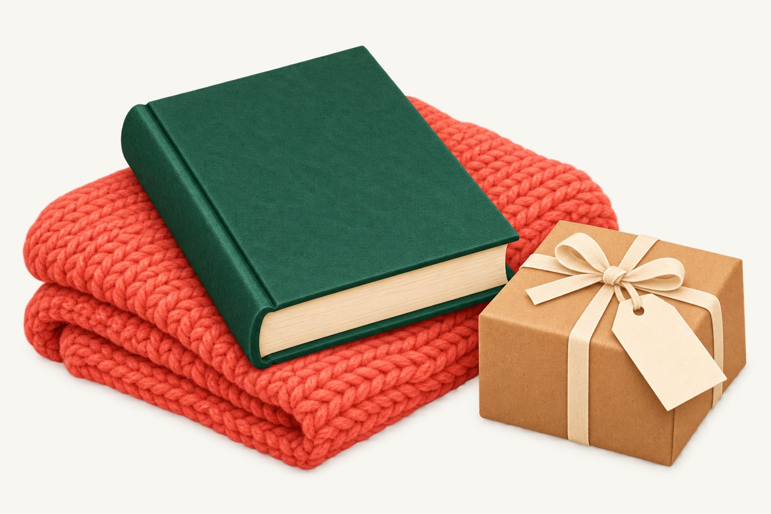 A green hardback book on a red knitted blanket beside a small kraft gift with a bow