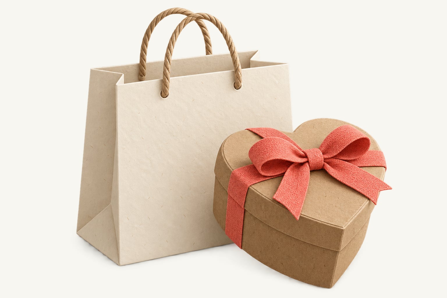 A heart-shaped kraft gift box with a coral bow beside a cream paper bag