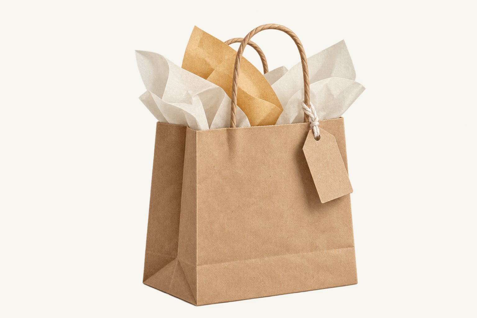 A kraft gift bag with cream and caramel tissue paper and a blank tag