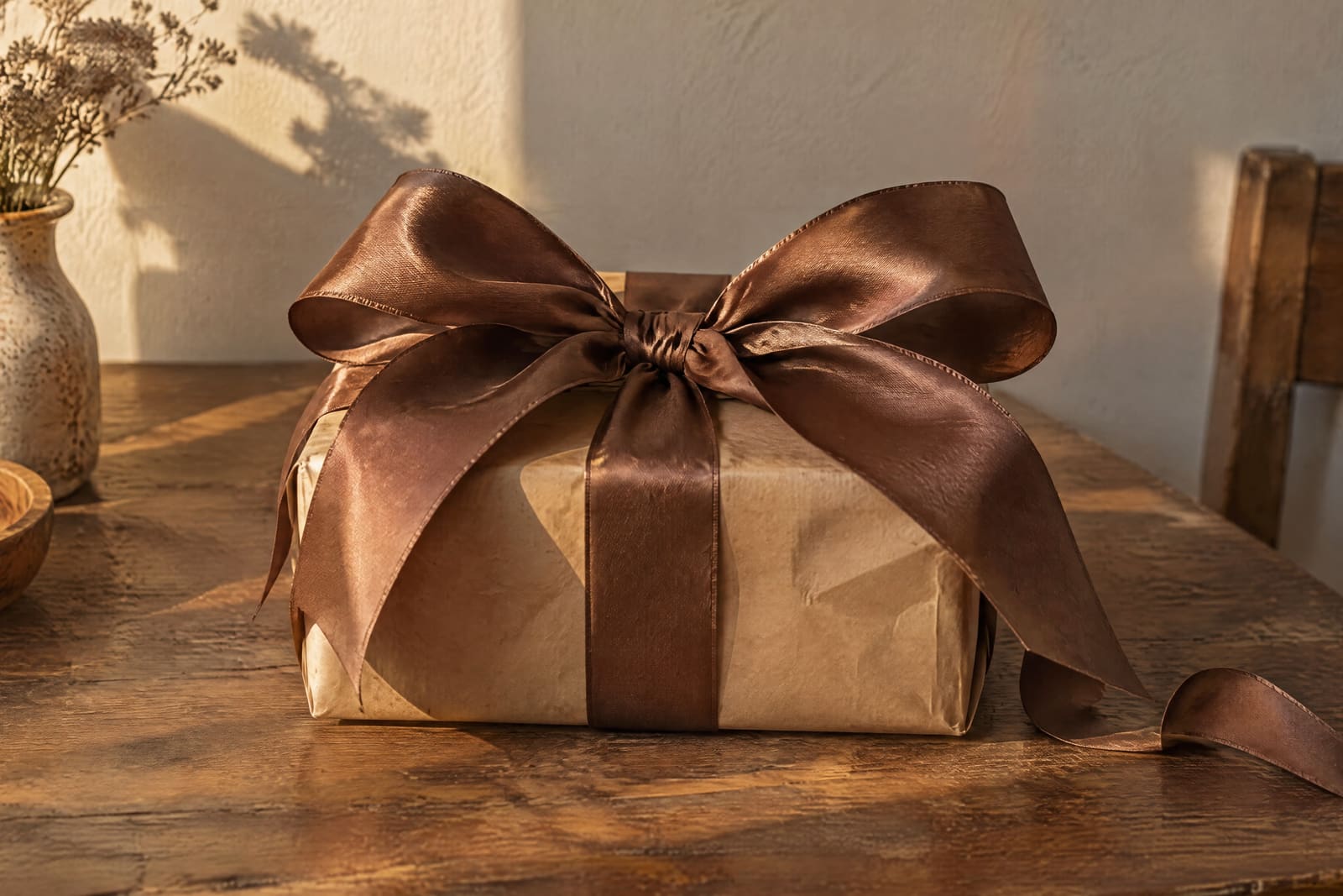 A kraft paper parcel tied with an oversized brown satin bow