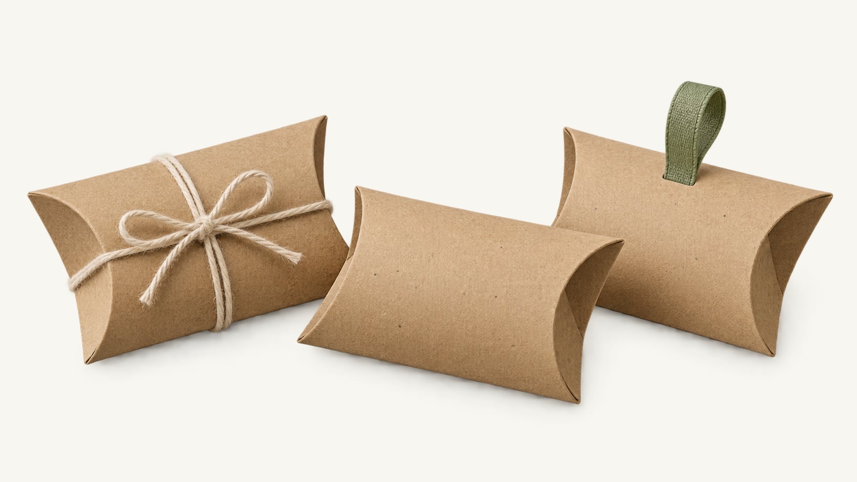 3 kraft pillow boxes, one tied with twine and one with a green tab