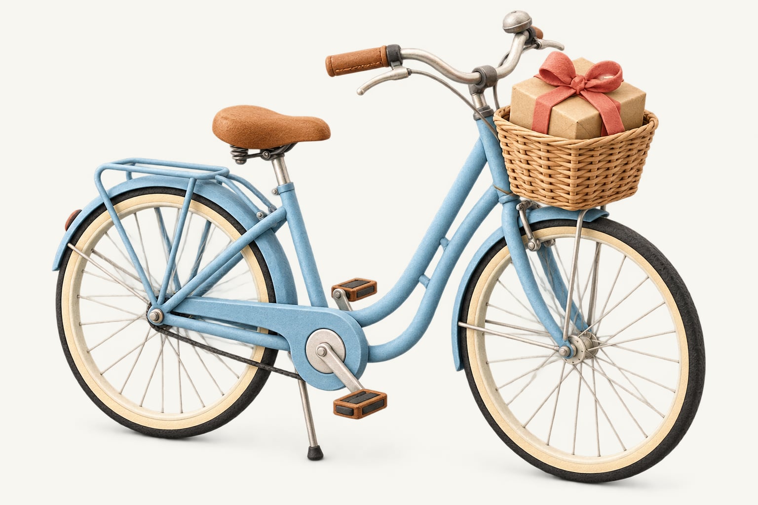 A light blue bicycle with a wrapped gift in its front basket