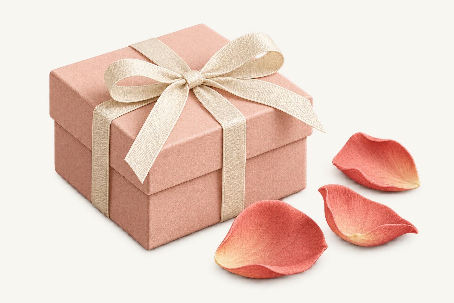 A pink gift box with a cream ribbon bow beside a few rose petals