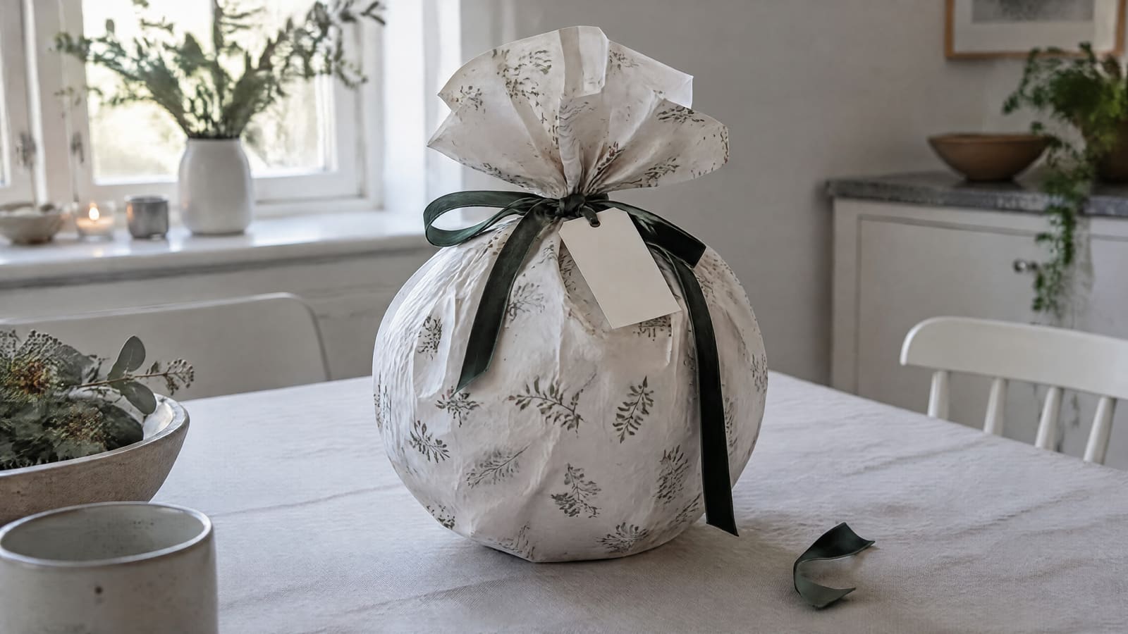 A round gift in leaf-print paper, gathered on top with a green ribbon