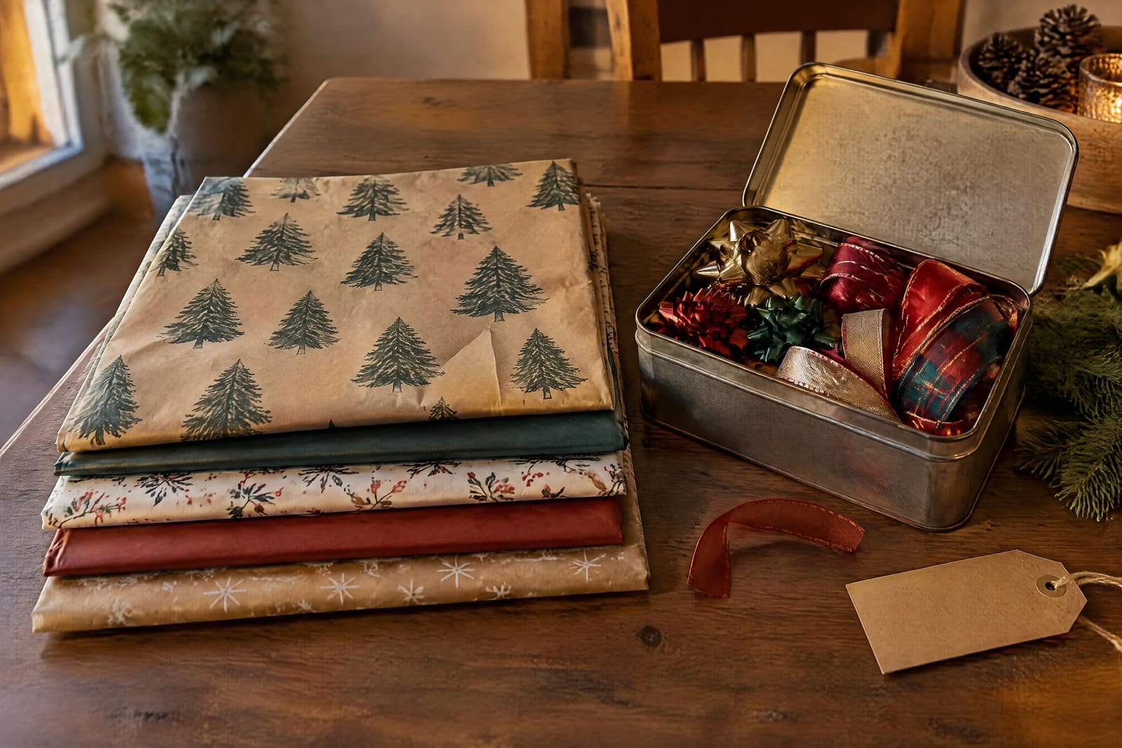 Folded sheets of saved wrapping paper beside a tin of reused bows and ribbon