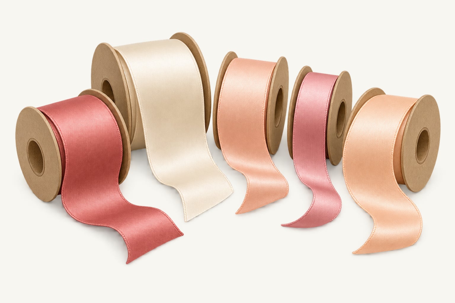 Spools of satin ribbon in pinks, cream and peach, from narrow to wide