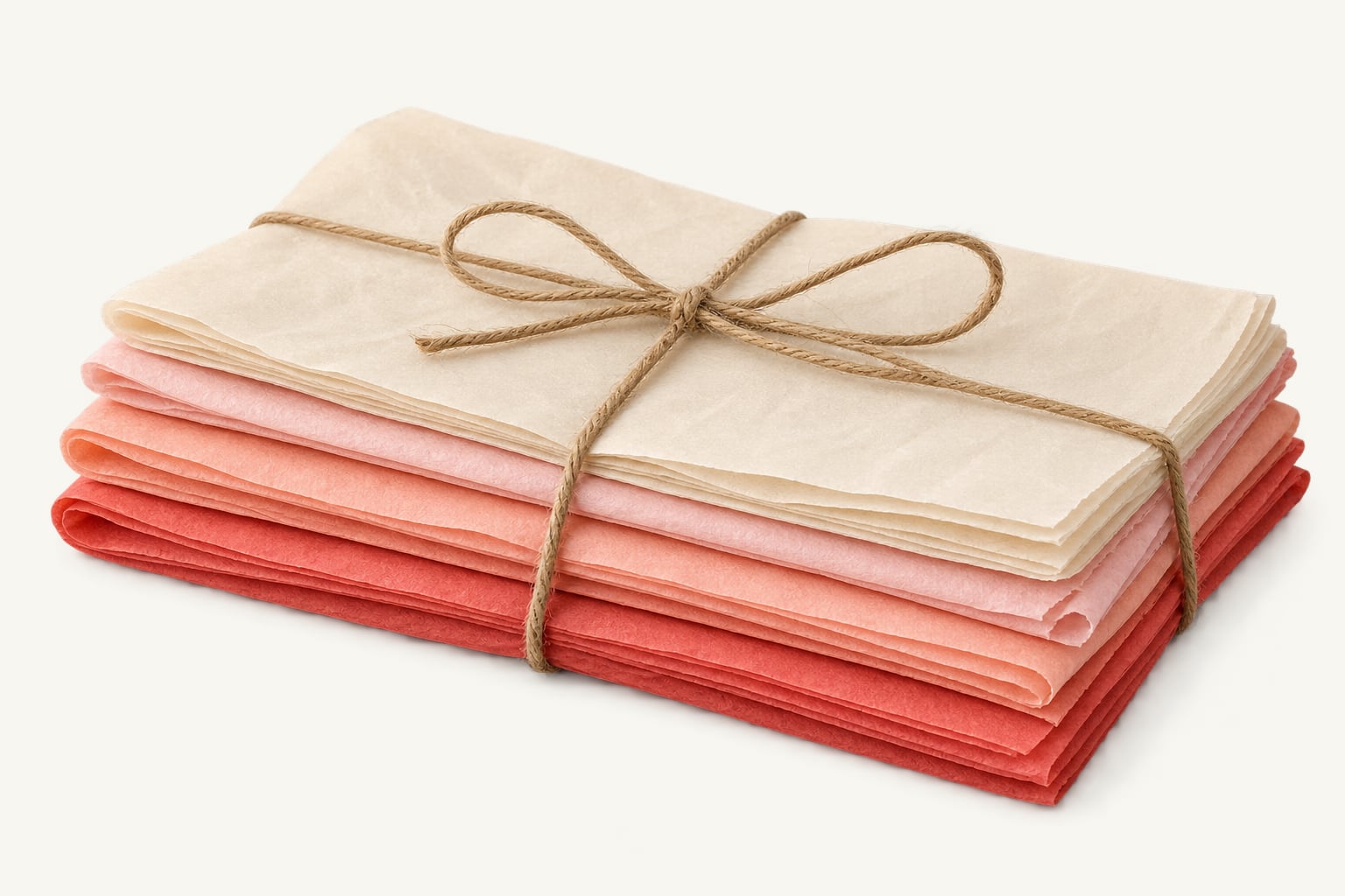 A stack of folded tissue paper in cream, pinks and reds tied with twine