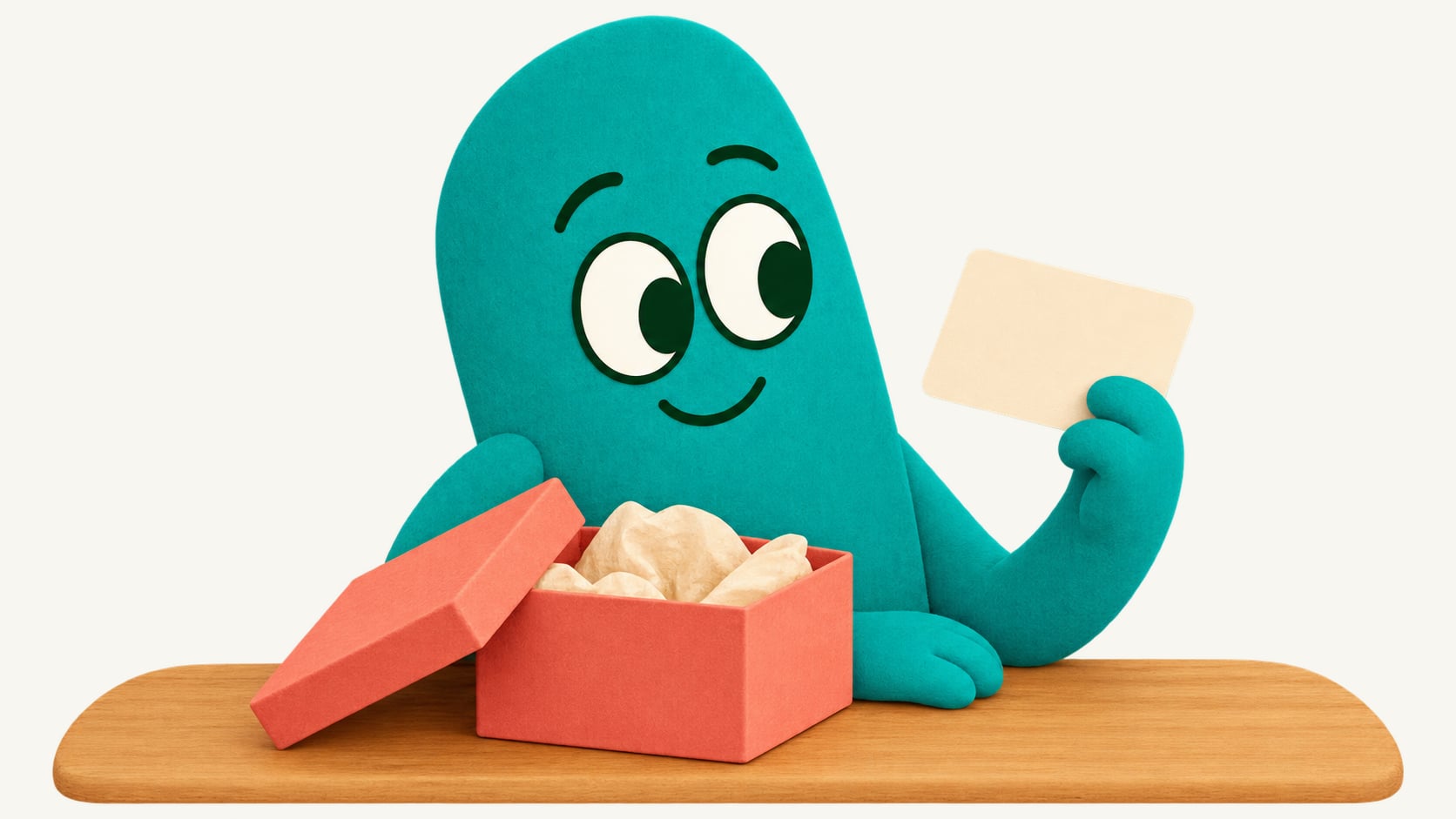 A teal character holds up a blank gift card beside an open red gift box