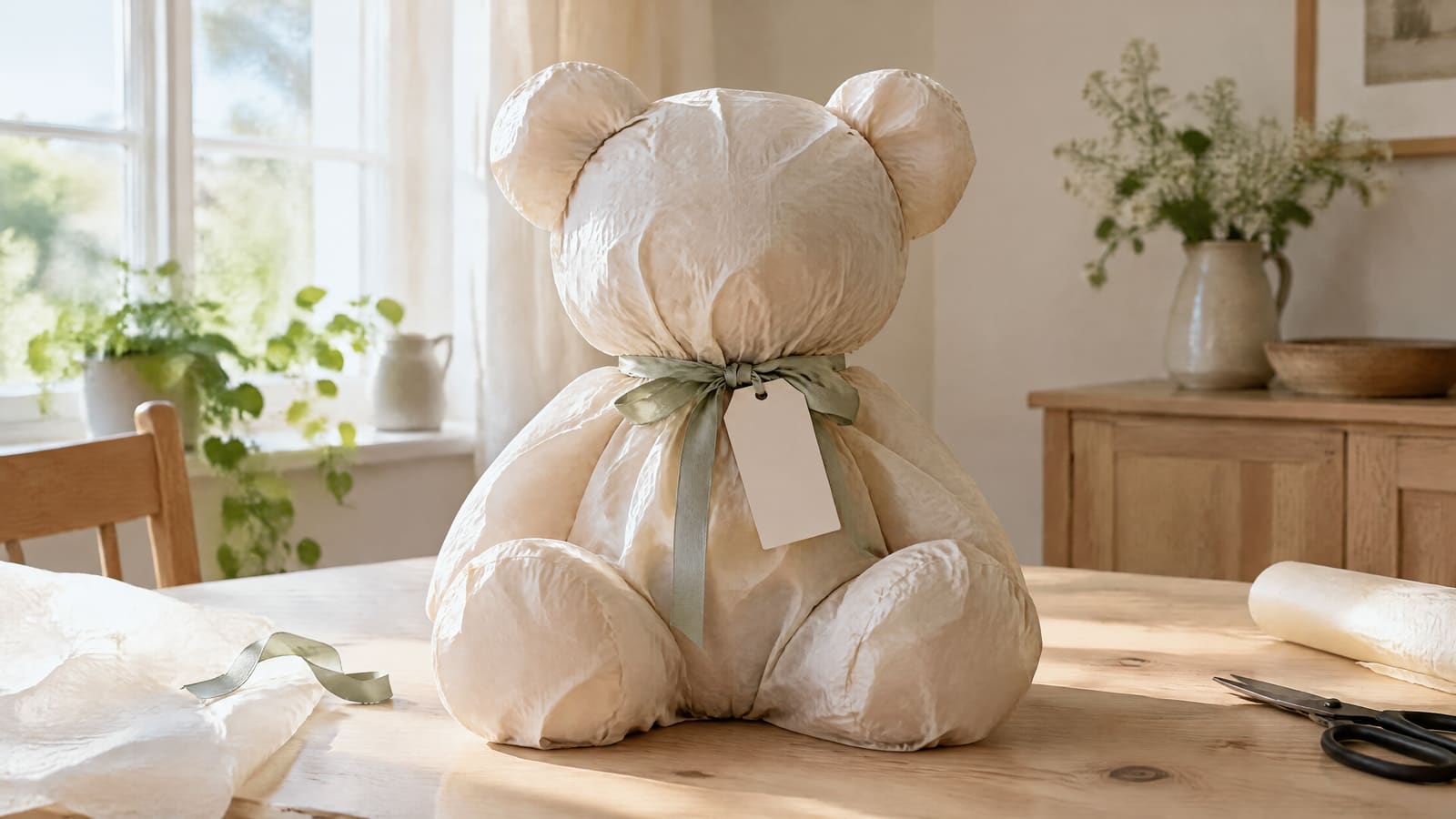 A teddy bear wrapped in cream tissue paper with a green ribbon and tag