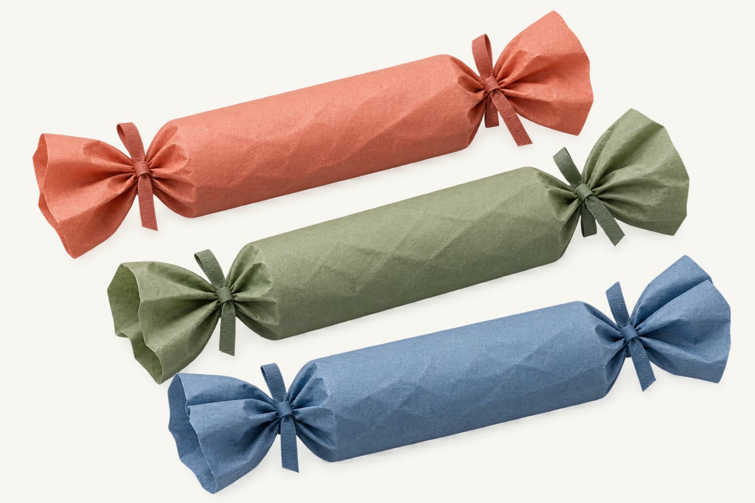 3 tube gifts in coral, green and blue crepe paper, twisted and tied at both ends