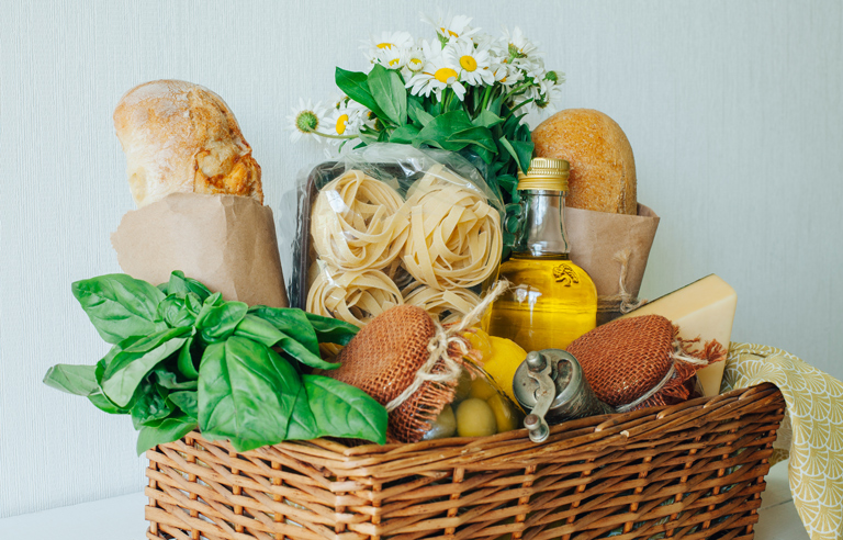 A gift basket filled with Italian food related items