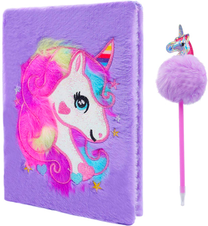 Plüsch-Tagebuch mit Einhorn-Motiv und Stift